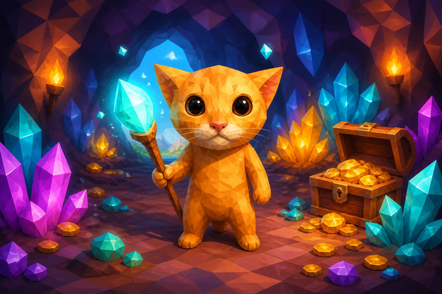 LowPoly Cat in a crystal cave holding a glowing staff