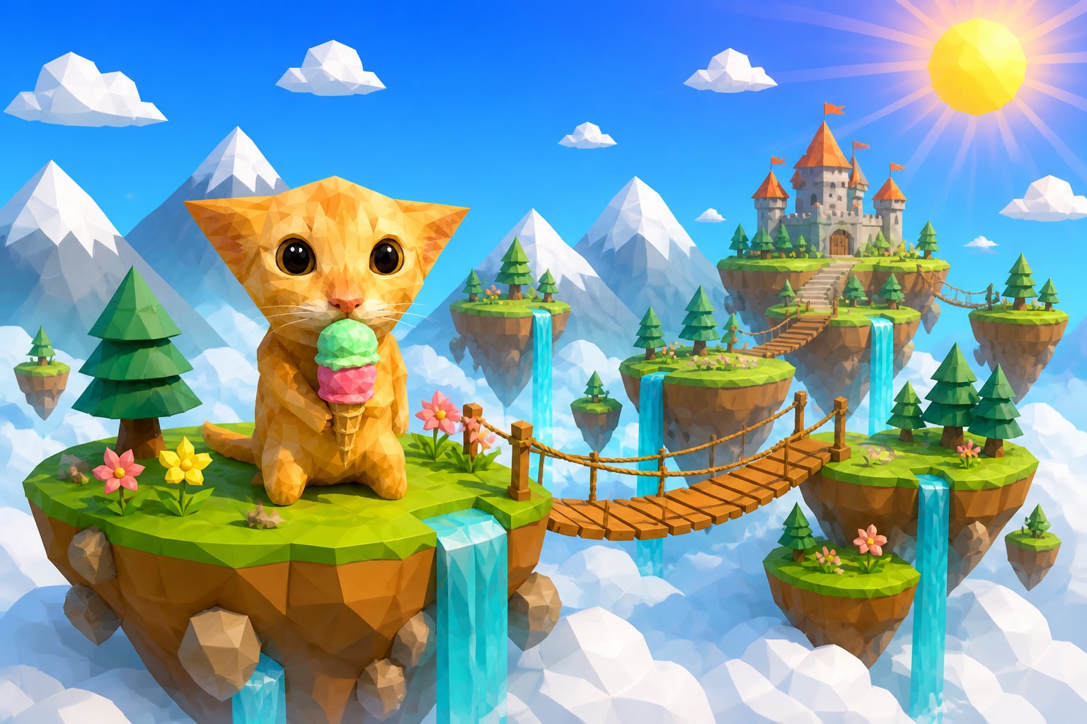 LowPoly Cat on floating sky islands with ice cream