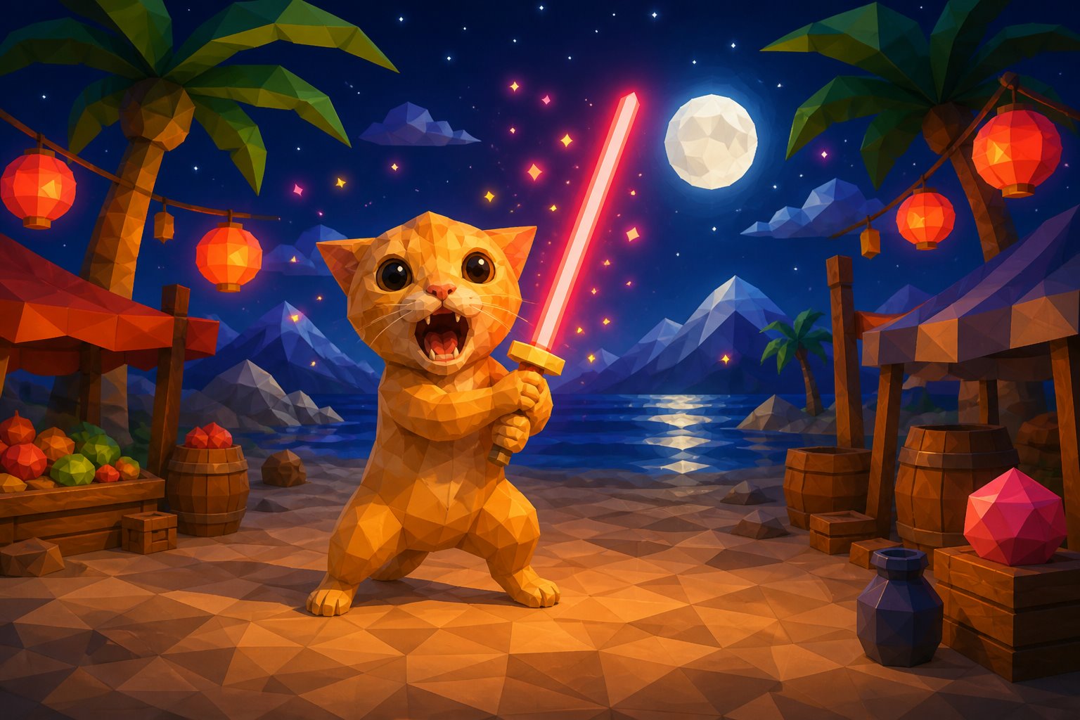 LowPoly Cat roaring with a red energy sword at a night market